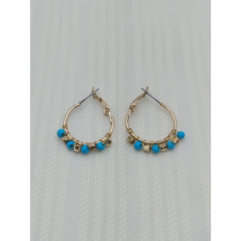 Boho Gold Tone Turquoise Beaded Latch Back Hoop Earrings 1"